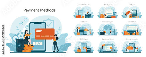 Payment Methods concept. Diverse transaction options for consumers. Digital, NFC, cash, global systems, checks, e-wallets, cryptocurrency, secure online processes. Flat vector illustration