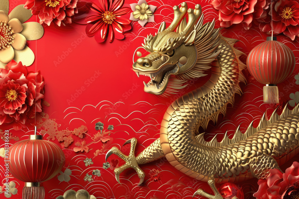 Obraz premium Chinese New Year 2024, the year of the Dragon, dragon zodiac sign, banner, poster, empty space text 