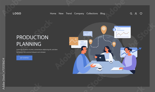 Production Planning Team concept. Strategic meeting for operational efficiency and workflow optimization. Streamlined project coordination. Flat vector illustration.
