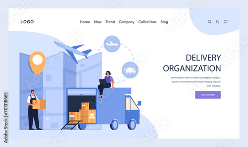 Delivery Organization concept. Efficient global logistics and distribution with a focus on rapid transportation, portrayed through multi-modal freight solutions. Flat vector illustration
