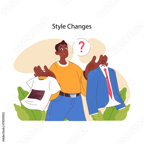 Personal Growth concept. An adolescent ponders over a fashion choice between casual and formal wear, representing the evolution of style and identity during formative years. Flat vector illustration