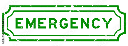 Grunge green emergency word rubber seal stamp on white background