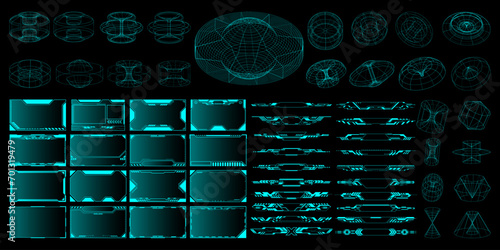 Sci Fi futuristic HUD, GUI, UI interface set and 3D shapes. Cyberpunk graphic box, 3D geometric shapes, Digital arts, futuristic elements, icons, wireframe. HUD, UI, frames. Vector graphic