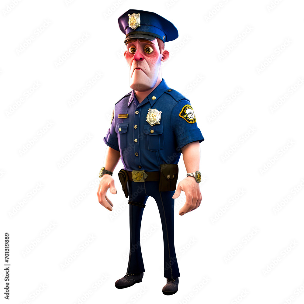 3D cartoon police officer with a stern expression, isolated on a transparent background. 3D cartoon police officer with a stern expression, isolated on a transparent background.