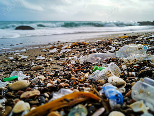 rubbish is scattered on the beach and pollutes the environment