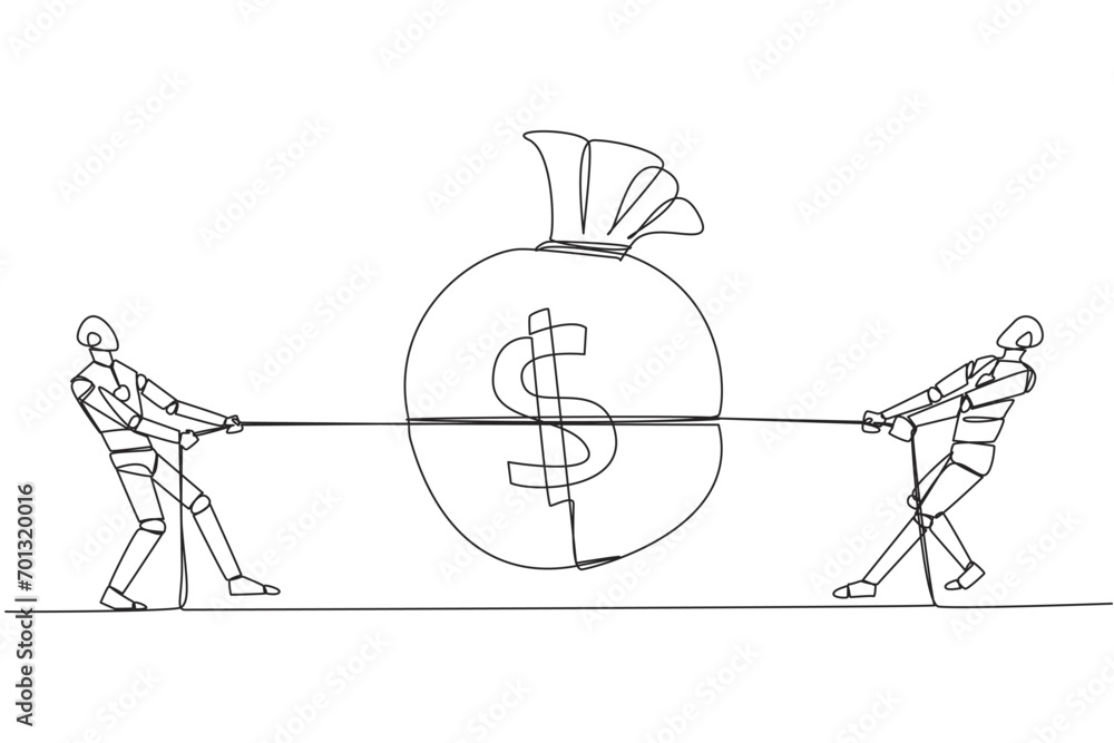 Single continuous line drawing two robots fighting over a money bag. Misunderstood artificial intelligence. Fighting over money that is not the rights. Technology. One line design vector illustration Single continuous line drawing two robots fighting over a money bag. Misunderstood artificial intelligence. Fighting over money that is not the rights. Technology. One line design vector illustration
