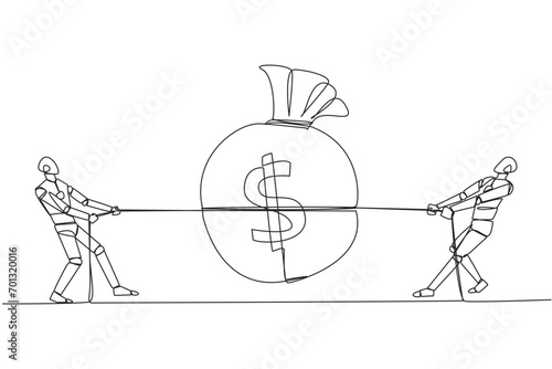 Single continuous line drawing two robots fighting over a money bag. Misunderstood artificial intelligence. Fighting over money that is not the rights. Technology. One line design vector illustration