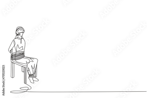 Single continuous line drawing Arabian businessman sitting and helpless. Kidnapping of the most successful entrepreneur. Asking for ransom and some assets. Hostage. One line design vector illustration