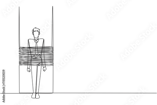 Single one line drawing the businessman stands, tied to a large column. Unable to pay debts. Have no assets to mortgage. Become a business guarantee. Fail. Continuous line design graphic illustration