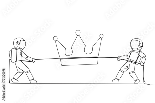 Single one line drawing two astronauts fight for the crown. Compete to become the most skilled cosmonaut on earth. Put aside teamwork. Galaxy space concept. Continuous line design graphic illustration