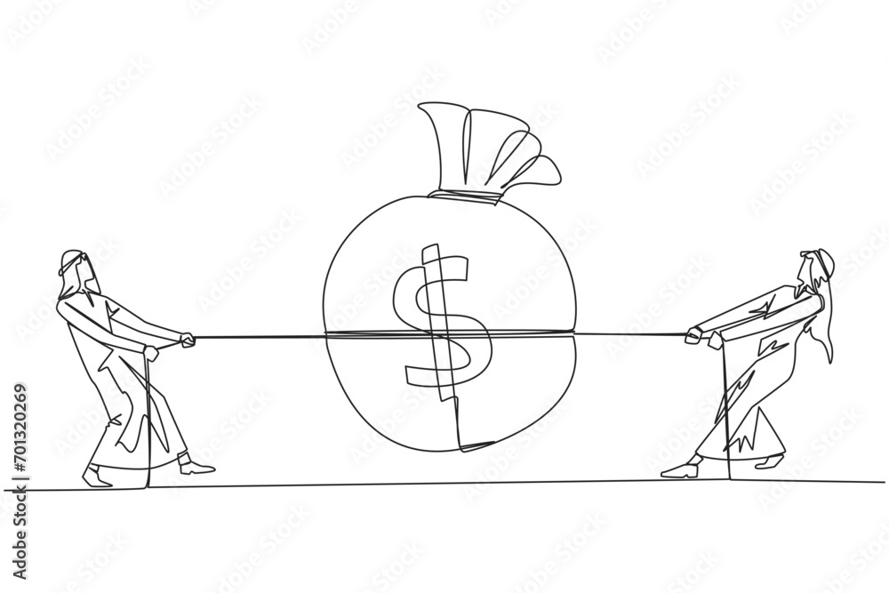 Continuous one line drawing two Arabian businessmen fighting over a money bag. Compete to get as much profit as possible. Greed of entrepreneurs. Unethical. Single line draw design vector illustration Continuous one line drawing two Arabian businessmen fighting over a money bag. Compete to get as much profit as possible. Greed of entrepreneurs. Unethical. Single line draw design vector illustration
