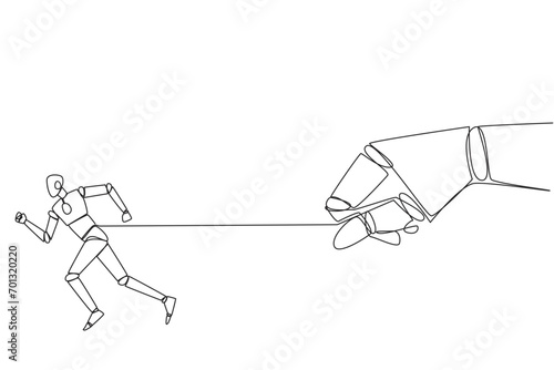 Single continuous line drawing robot runs but its stomach is tied. Artificial intelligence makes the robot unwilling to obey. There is conflict. Wrong code given. One line design vector illustration