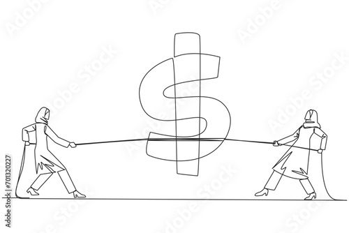 Single one line drawing two Arabian businesswomen fighting over dollar symbol. Fierce battle to get share prices which dropping drastically. Opportunities. Continuous line design graphic illustration