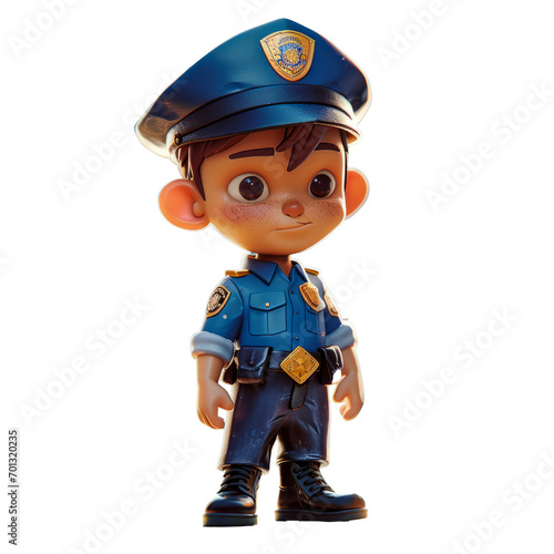 Cute cartoon police officer character, 3D illustration, isolated on a transparent background, ideal for children's designs and safety themes.