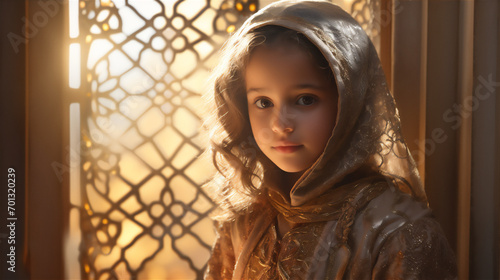 portrait of little muslim girl in front of windows of the mosque