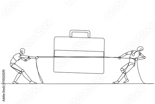 Single continuous line drawing two robots fighting over briefcase. Compete fiercely to increase user trust. The future of sophistication technology for marketing. One line design vector illustration