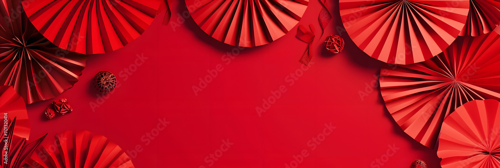 Obraz premium Chinese New Year 2023 .Decor pattern fan on red background. Red paper fans .Lunar New Year banner template. Lunar New Year,chinese banner,chinese new year background
