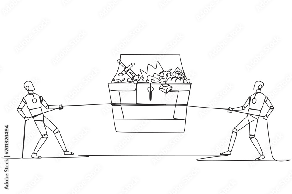 Single one line drawing two robots fight over an open treasure chest. Competition is fierce to find hidden treasures. Set to always win. Future technology. Continuous line design graphic illustration Single one line drawing two robots fight over an open treasure chest. Competition is fierce to find hidden treasures. Set to always win. Future technology. Continuous line design graphic illustration