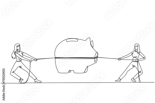 Continuous one line drawing two businesswomen fighting over a piggy bank. Competition for investment. Save penny by penny for comfortable retirement life. Single line draw design vector illustration