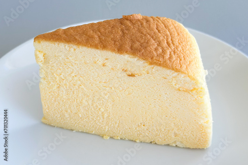 Close up sliced of Japanese cheese cake. Homemade style.