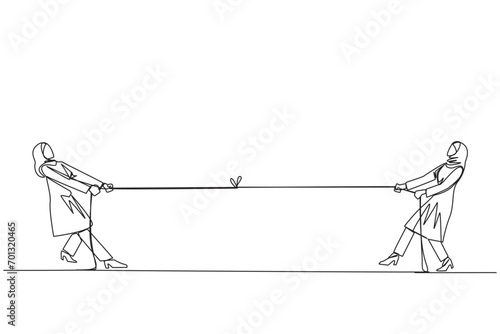 Single continuous line drawing two Arabian businesswomen pulling each other's rope. Little game. Look for weaknesses to the team's strengths. Bonding. Togetherness. One line design vector illustration photo