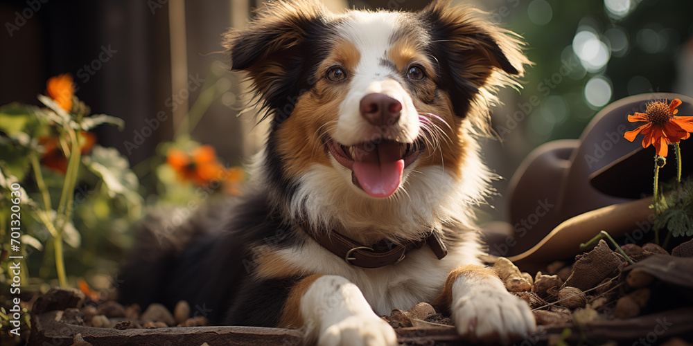 sweet cute smiling white hairy border collie dog sits on a flower bed in the home garden