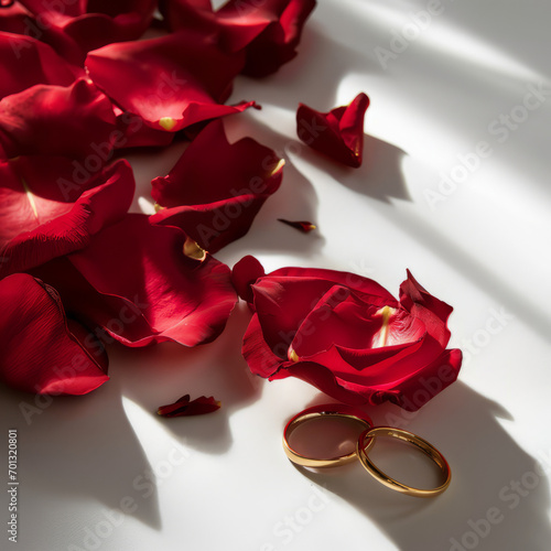 golden wedding rings and red rose
