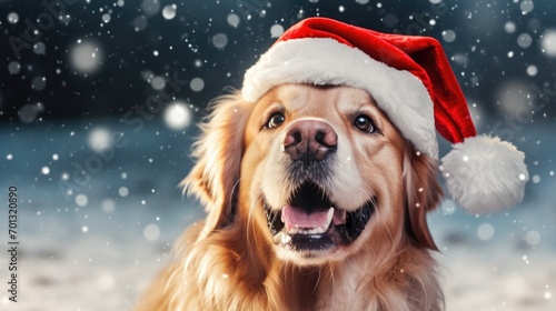 Large breed dog wearing Christmas Santa hat in snow falling sky scene. Generative AI.