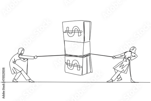 Single one line drawing two Arabian businesswomen fighting over banknotes. Fighting for salary rights. Unjust employers withhold the rights of employees. Continuous line design graphic illustration