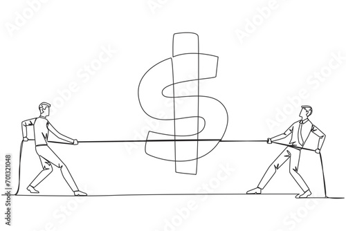 Continuous one line drawing two businessmen fighting over dollar symbol. Balancing expenditure with income. Don't be careless in spending money in business. Single line draw design vector illustration