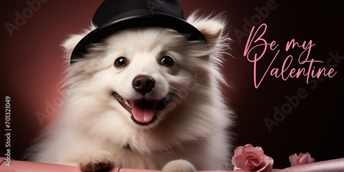  a very cute smiling white hairy dog, wearing a black hat, sitting ona a pink soft background, with the inscription Be my Valentine