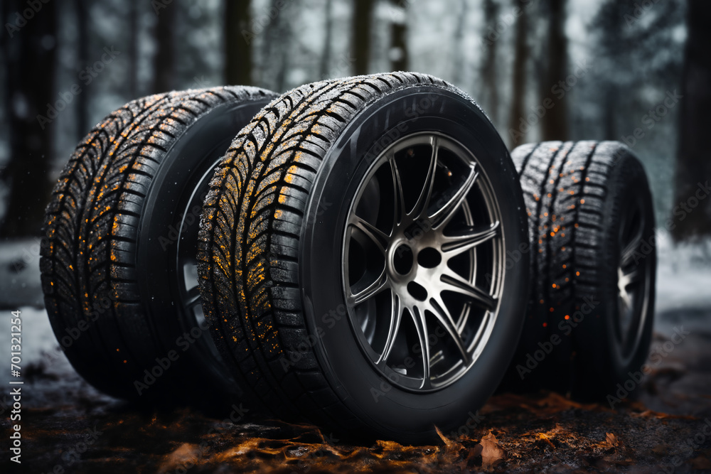 a car wheels on the background of a winter snow-covered forest, beautiful landscape, a concept of traffic safety on a slippery road a car wheels on the background of a winter snow-covered forest, beautiful landscape, a concept of traffic safety on a slippery road