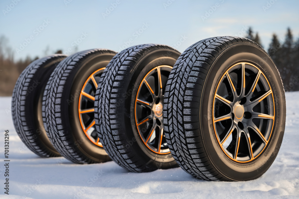 a car wheels on the background of a winter snow-covered forest, beautiful landscape, a concept of traffic safety on a slippery road a car wheels on the background of a winter snow-covered forest, beautiful landscape, a concept of traffic safety on a slippery road
