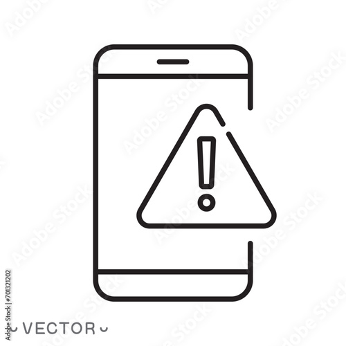 alert in the mobile phone about scam icon, error warning, exclamation sign on the mobile screen, thin line symbol on white background, editable stroke eps 10 vector illustration 