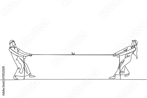 Single continuous line drawing two Arabian businessmen pulling each other's rope. Play light games to create togetherness. More and more unified for achievement. One line design vector illustration