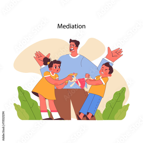 Mediation concept. Mediator resolves a dispute between two kids over a toy, fostering harmony and conflict resolution among children. Flat vector illustration