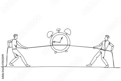 Continuous one line drawing two businessmen fighting over an alarm clock. Compete to get extra time to complete business deadlines. Daily business report. Single line draw design vector illustration