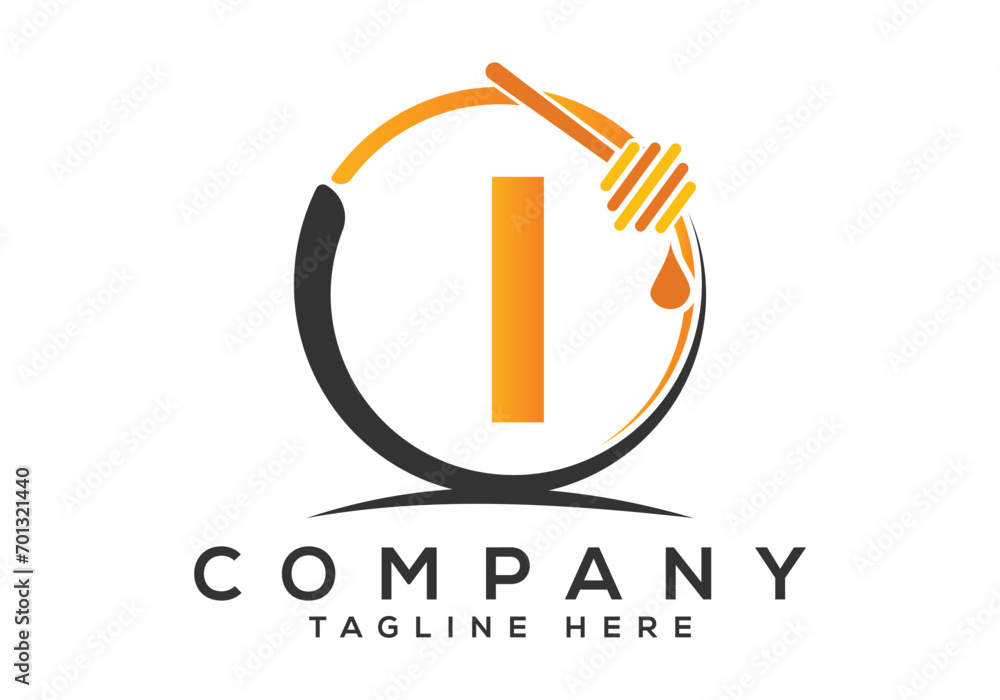 Honeycomb bees Logo With I Letter Concept. Honey logo font emblem vector illustration Honeycomb bees Logo With I Letter Concept. Honey logo font emblem vector illustration