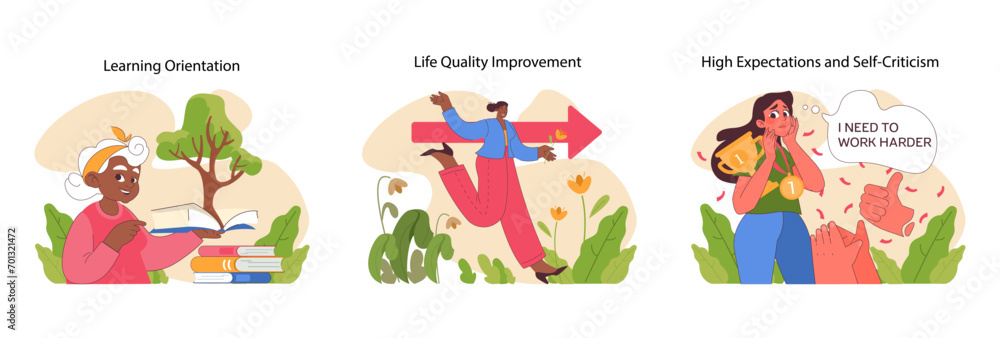 Lifelong learning set. Emphasizing continuous education, lifestyle enhancement, and managing self-expectations. Nurturing wisdom, striving for better, embracing efforts. Flat vector illustration