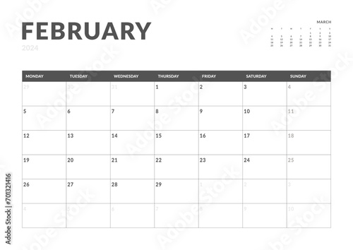 Monthly page Calendar Planner Templates of February 2024. Vector layout of simple calendar with week start Monday for print. Page for size A4 or 21x29.7 cm