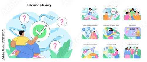 Decision making set. From intuitive to analytical, exploring various decision-making processes. Individuals assessing risks, evaluating alternatives. Teamwork in problem solving. Flat vector
