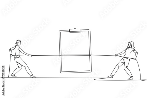 Slika na platnu Single continuous line drawing two businesswomen fighting over a clipboard