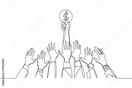 Single one line drawing hands fighting over coins with dollar symbols. Fight for small investments that are easy to hold into for old age when retirement. Continuous line design graphic illustration