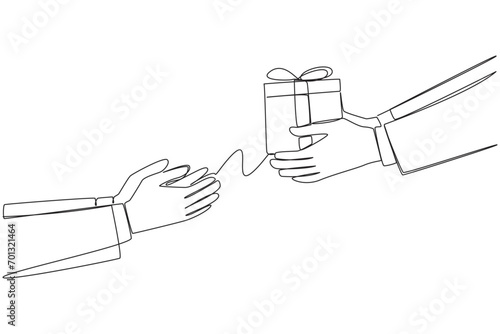 Single one line drawing hand giving gift box. Give appreciation. Rewards for achieving success. Award. An extraordinary achievement deserves recognition. Continuous line design graphic illustration