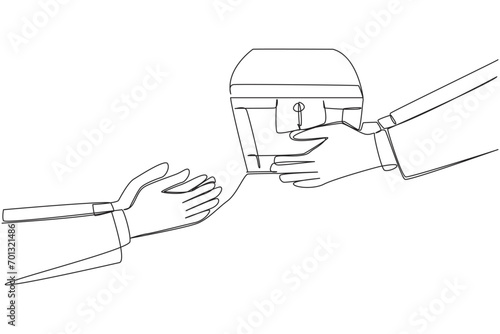 Single one line drawing hand gives treasure chest to colleague. High confidence in processing important assets. Large capital to start profitable business. Continuous line design graphic illustration