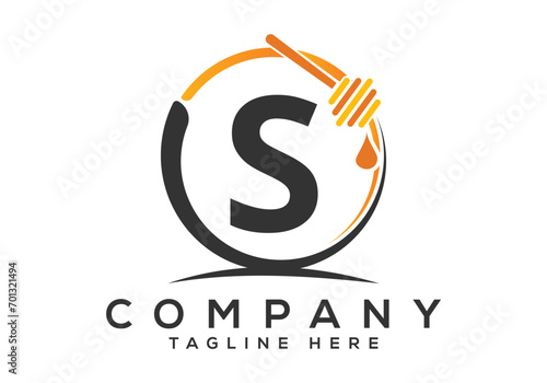 Honeycomb bees Logo With S Letter Concept. Honey logo font emblem vector illustration