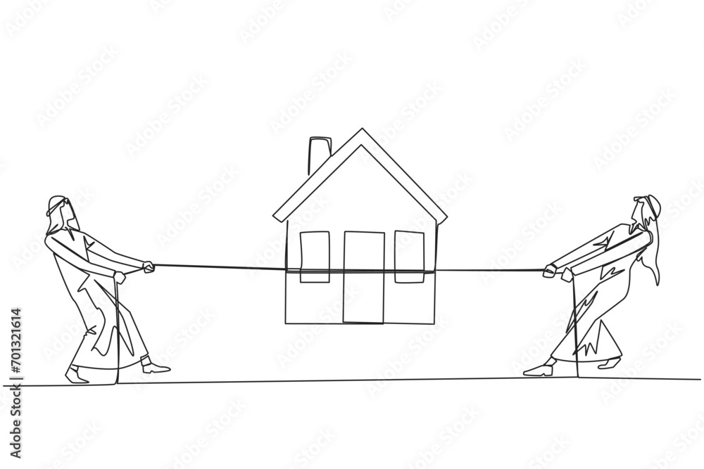 Obraz premium Continuous one line drawing two Arabian businessmen fight over a miniature house. The struggle to achieve dream home. Investment that won't make a loss. Single line draw design vector illustration