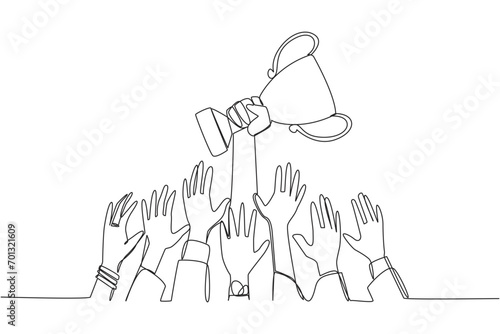 Continuous one line drawing hands fighting for the trophy. Ambition strives for worthy business success. Everyone can get it. Hard work is the difference. Single line draw design vector illustration