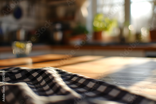 Empty wooden table and blurred background of kitchen in the morning light