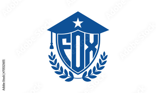 FOX three letter iconic academic logo design vector template. monogram  abstract  school  college  university  graduation cap symbol logo  shield  model  institute  educational  coaching canter  tech